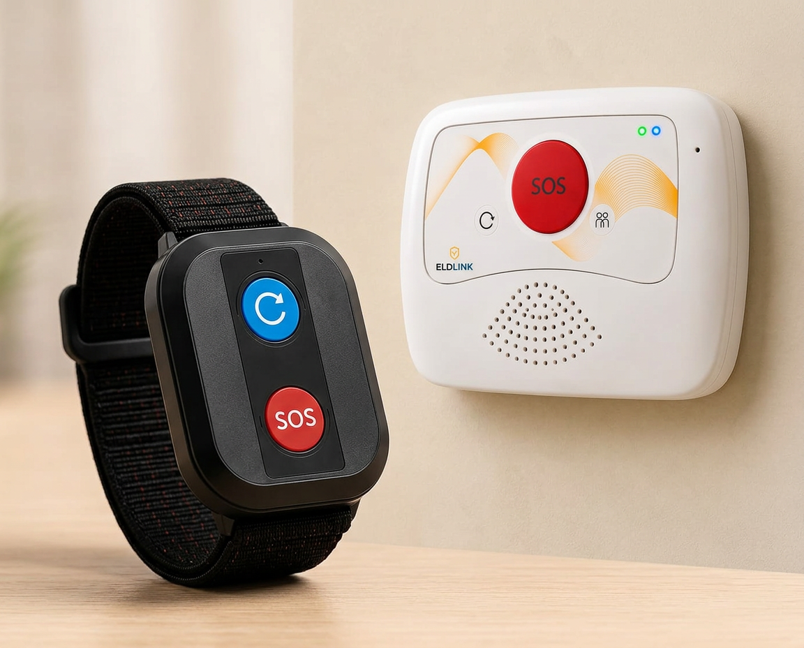 The Care41 Kavach wearable band beside the home gateway hub