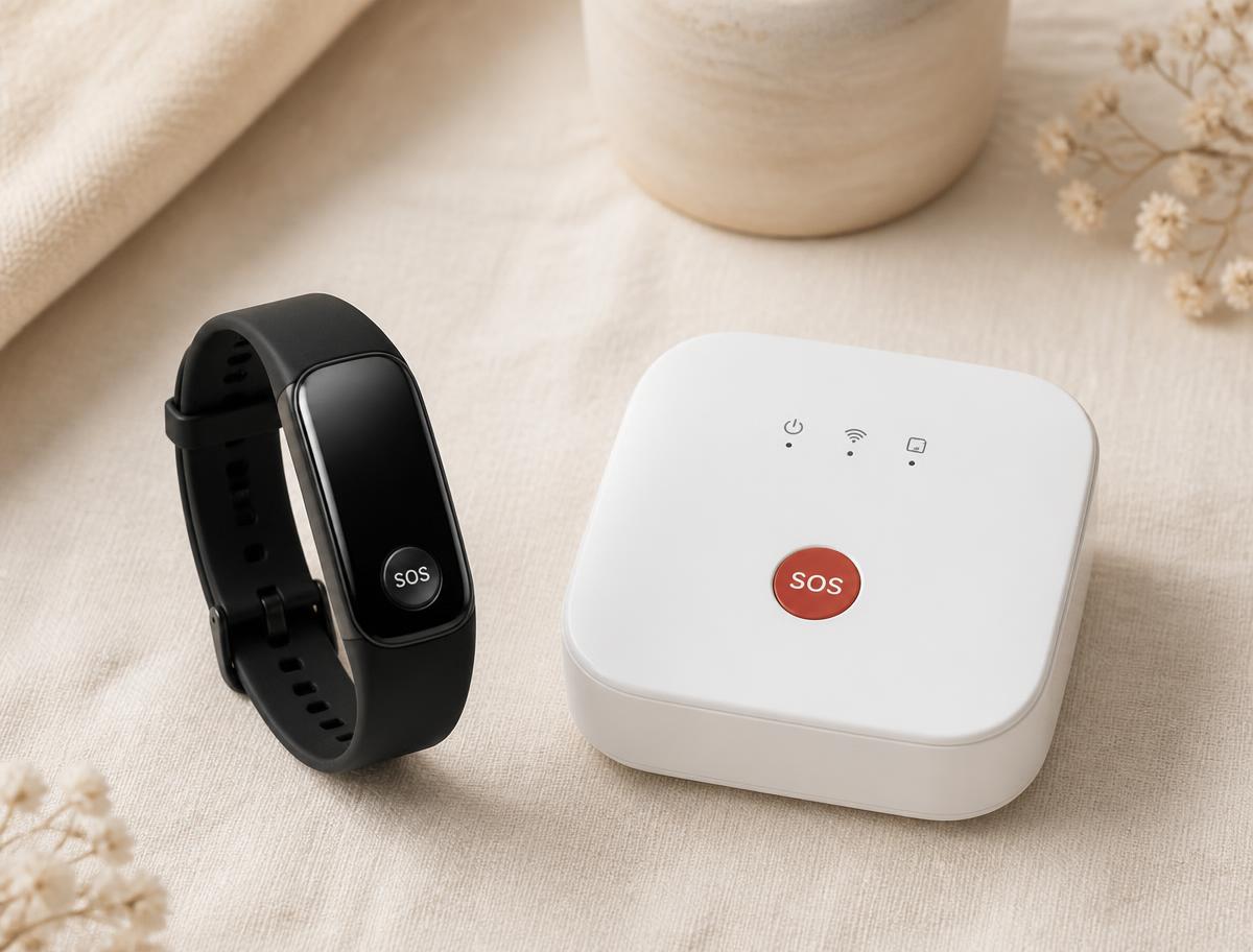 The Care41 Kavach wearable band beside the home gateway hub