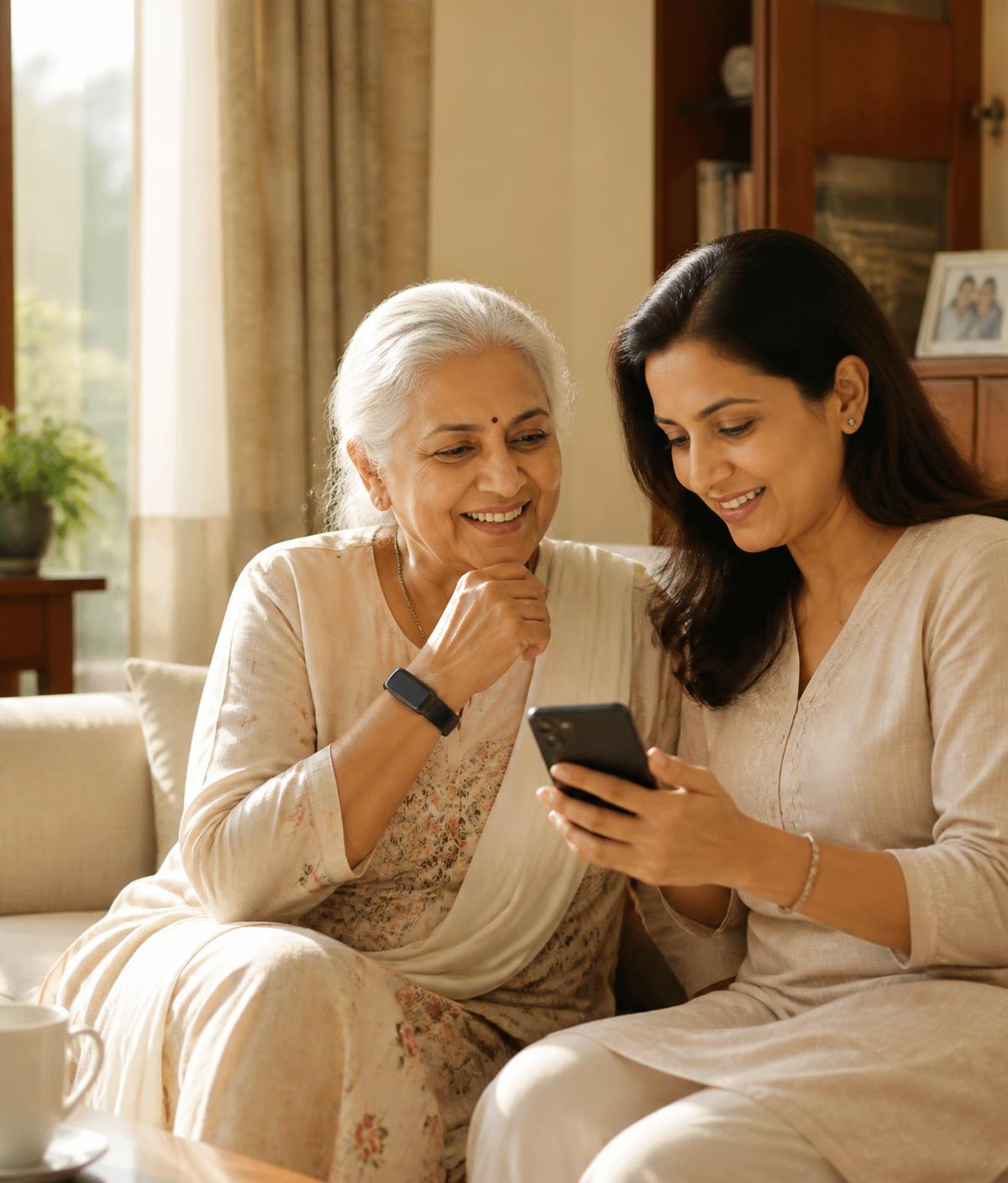 A senior woman wearing the Care41 Kavach band sits with her daughter in a sunlit living room