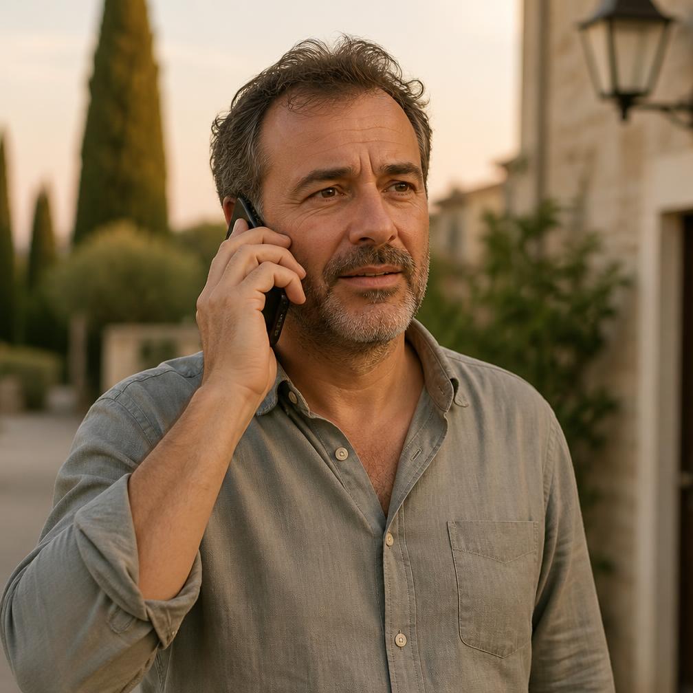 An adult son takes an alert call about his parent